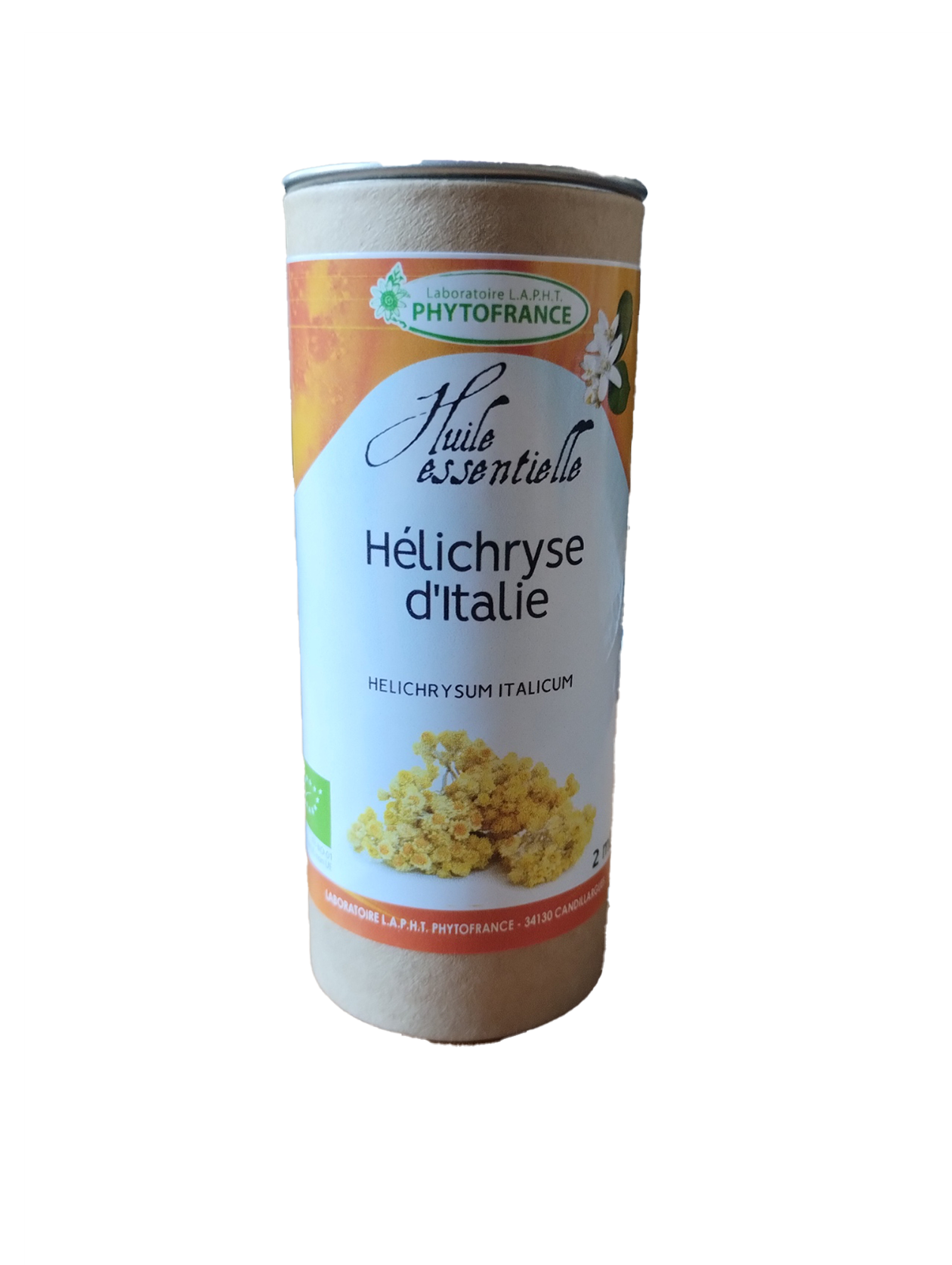 Flacon d’huile essentielle d’Hélichryse d’Italie Bio Helichrysum italicum 2 ml.