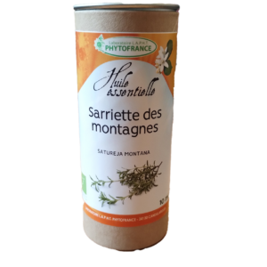 Flacon d'huile essentielle bio de Sarriette des montagnes (Satureja montana) obtenue par distillation des sommités fleuries