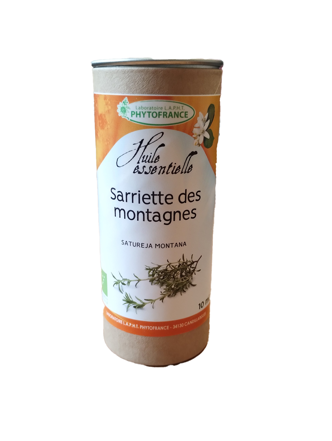 Flacon d'huile essentielle bio de Sarriette des montagnes (Satureja montana) obtenue par distillation des sommités fleuries