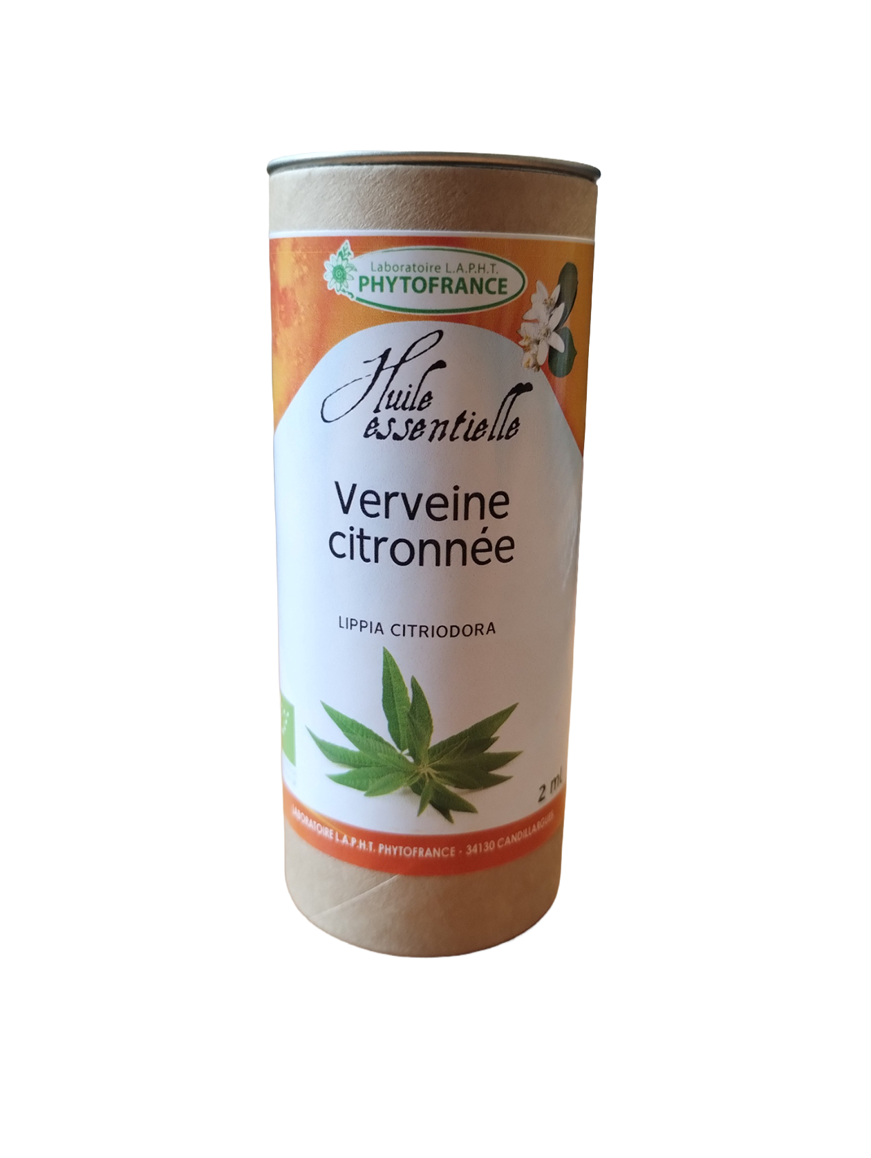 Flacon d’huile essentielle de Verveine Citronnée Bio Lippia citriodora 2 ml.