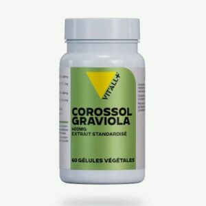 Flacon de Corossol Graviola 60 gélules, complément alimentaire à base d’extrait de fruit d’Annona muricata.