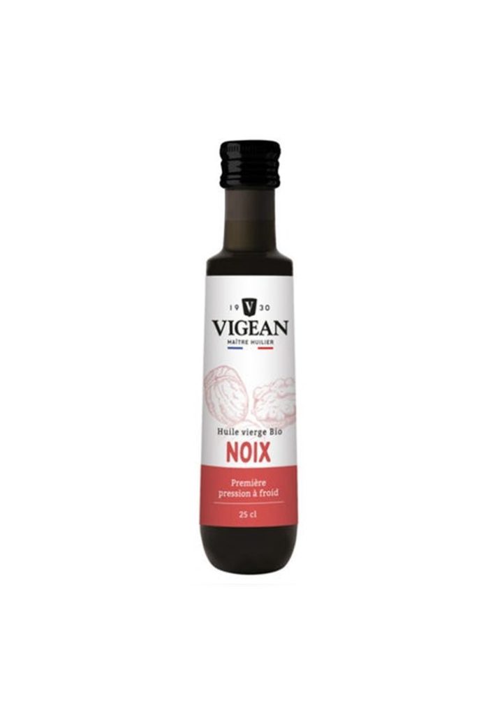 Huile de Noix 25 cl huile végétale biologique vierge obtenue par première pression à froid riche en acides gras polyinsaturés.