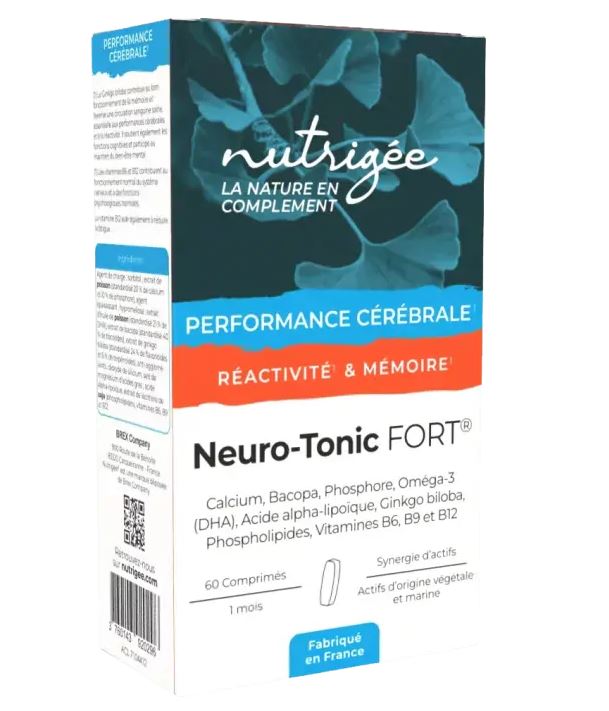 Neuro-Tonic FORT 60 comprimés avec Bacopa, Ginkgo biloba, DHA issu de microalgues et Chondrus crispus.