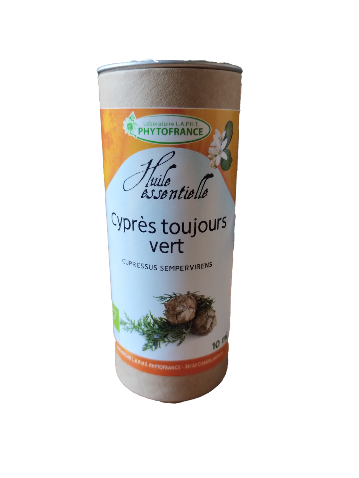 Cyprès 10 ml huile essentielle biologique de Cupressus sempervirens distillée à partir des rameaux avec profil aromatique résineux.