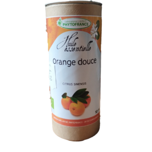 Flacon d’huile essentielle d’Orange Douce Bio Citrus sinensis 10 ml.