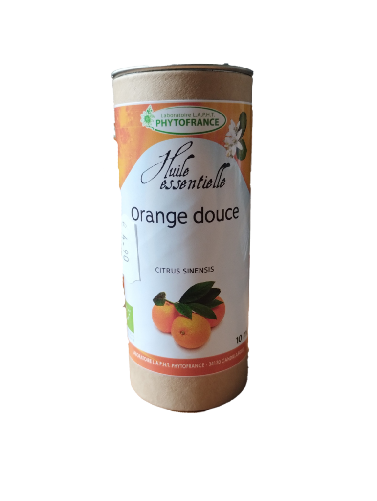Flacon d’huile essentielle d’Orange Douce Bio Citrus sinensis 10 ml.