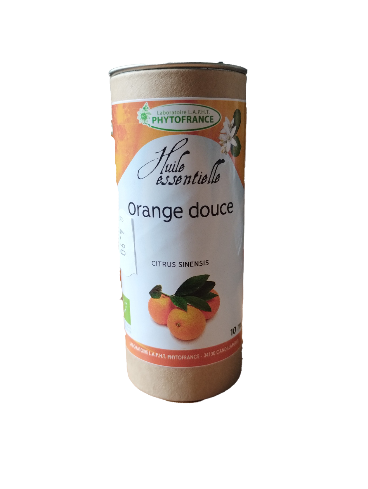 Flacon d’huile essentielle d’Orange Douce Bio Citrus sinensis 10 ml.