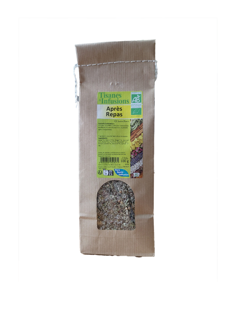 Tisane Après Repas mélange de plantes biologiques en vrac 100 g infusion à base de sauge anis menthe camomille.