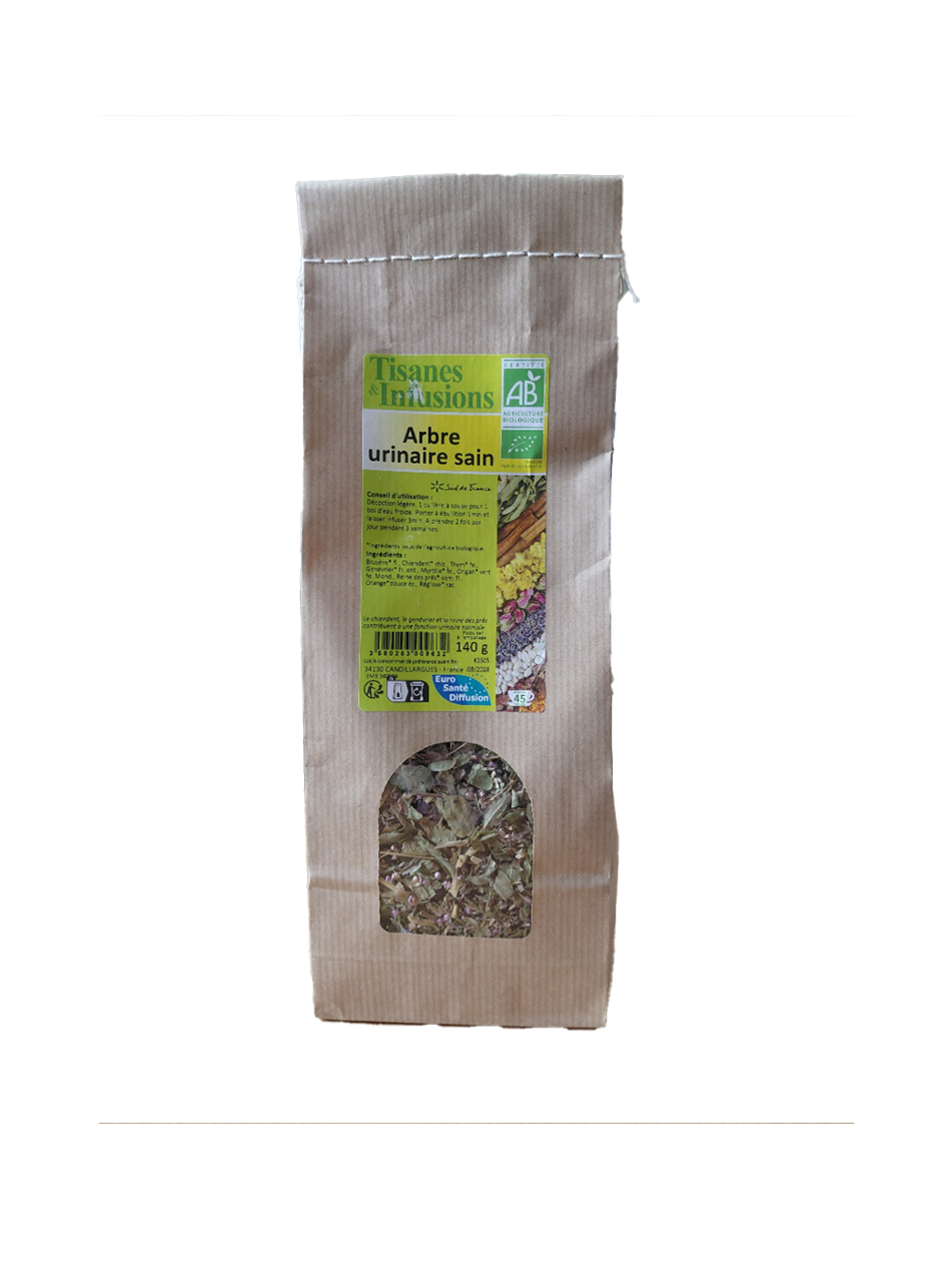 Tisane Arbre Urinaire Sain mélange de plantes biologiques en vrac 140 g infusion avec bruyère chiendent genévrier thym et myrtille.