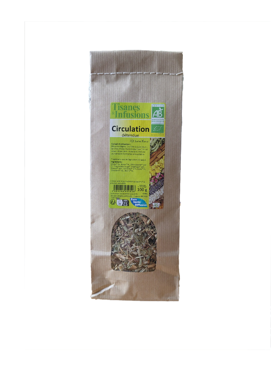 Tisane Circulation Détendue mélange de plantes biologiques en vrac 100 g infusion avec tilleul aubier cassis fenouil coriandre et olivier.