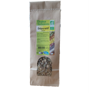 Tisane Dépuratif Cutané mélange de plantes biologiques en vrac 100 g infusion avec bardane pensée sauvage bourrache cassis et thym.