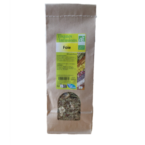 Tisane Foie mélange de plantes biologiques en vrac 130 g infusion avec pissenlit radis noir bardane chicorée et hibiscus.