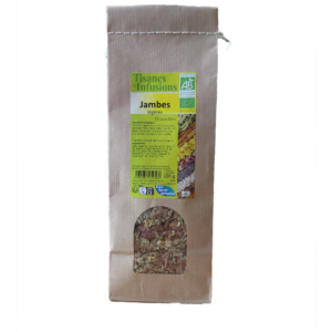 Tisane Jambes Légères mélange de plantes biologiques en vrac 100 g infusion avec vigne rouge cynorrhodon myrtille gingembre et curcuma.