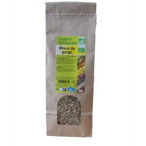 Tisane Maux de Gorge mélange de plantes biologiques en vrac 100 g infusion avec thym mauve réglisse lavande et sauge.