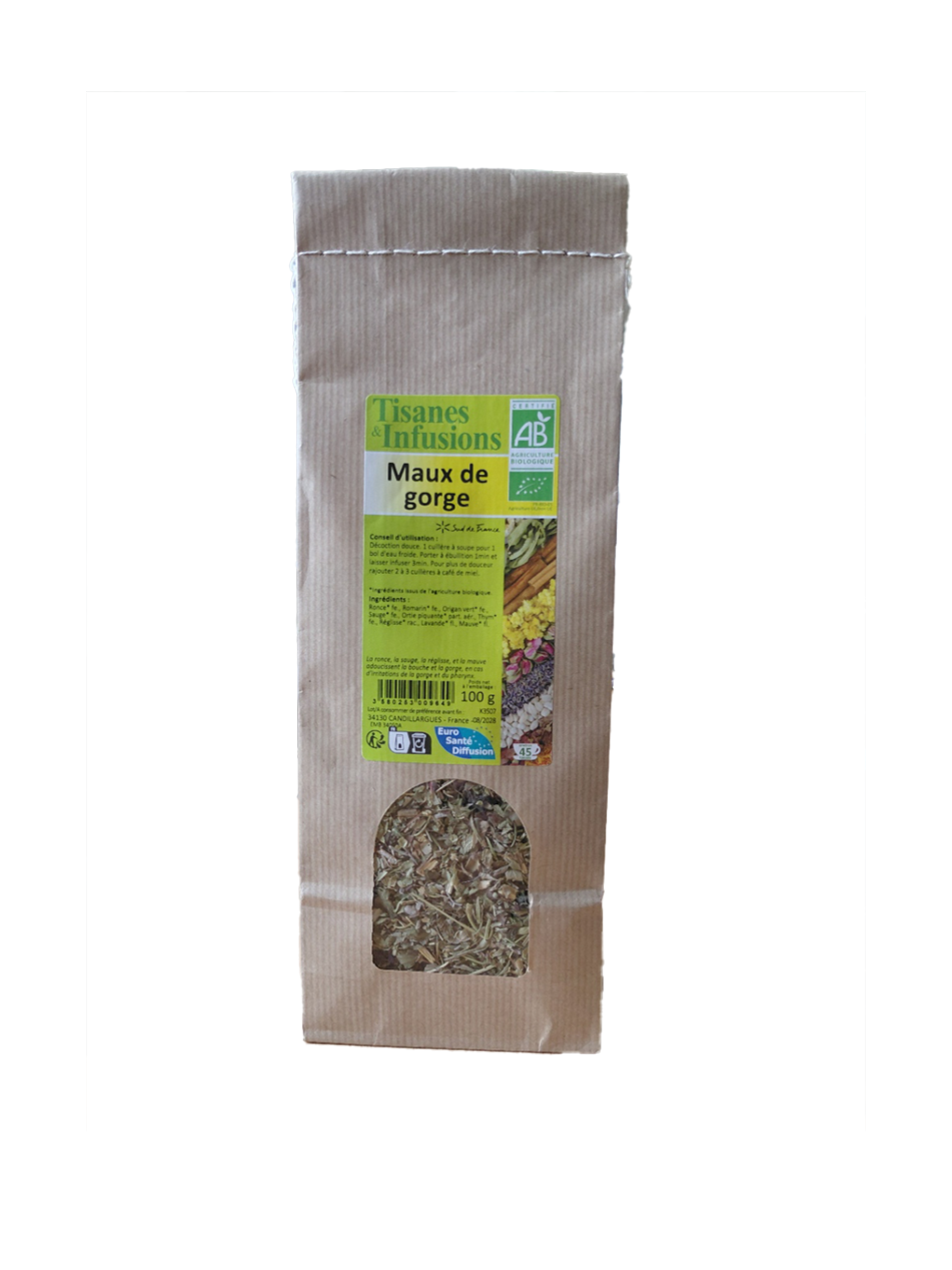Tisane Maux de Gorge mélange de plantes biologiques en vrac 100 g infusion avec thym mauve réglisse lavande et sauge.