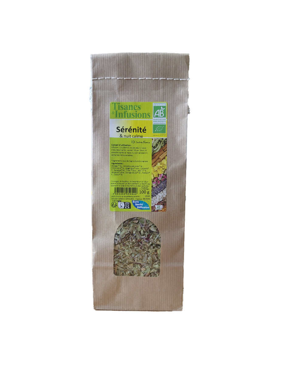 Tisane Sérénité & Nuit Calme mélange de plantes biologiques en vrac 100 g infusion avec verveine lavande tilleul hibiscus et orange.