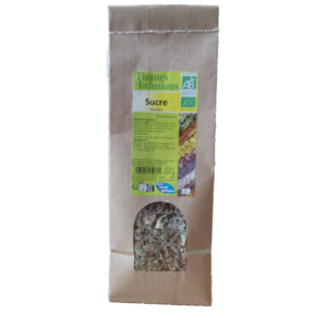 Tisane Sucre Moins mélange de plantes biologiques en vrac 120 g infusion avec chicorée fenugrec pissenlit orange et menthe.