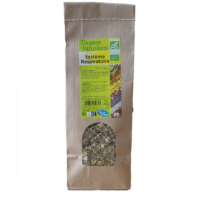Tisane Système Respiratoire mélange de plantes biologiques en vrac 100 g infusion avec thym eucalyptus sureau mauve et lavandin.