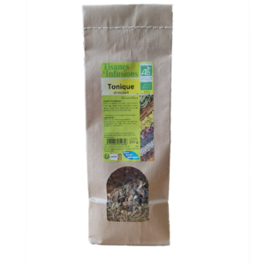 Tisane Tonique Stimulante mélange de plantes biologiques en vrac 100 g infusion avec romarin gingembre gentiane et cannelle.