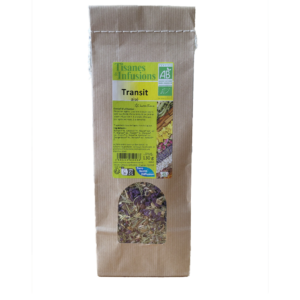Tisane Transit Aisé mélange de plantes biologiques en vrac 130 g infusion avec chicorée mauve gentiane bardane et hibiscus.