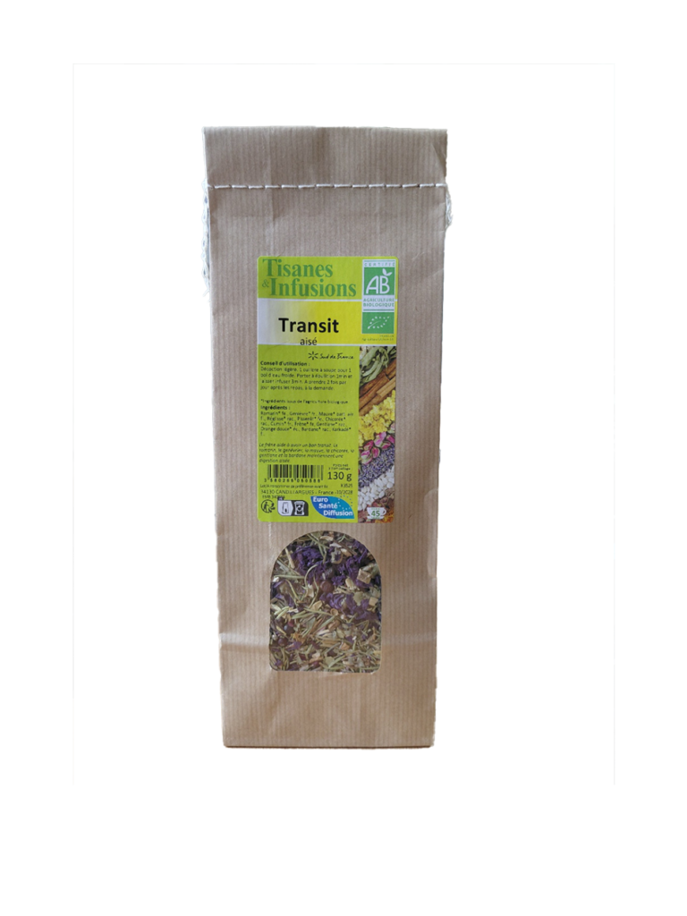 Tisane Transit Aisé mélange de plantes biologiques en vrac 130 g infusion avec chicorée mauve gentiane bardane et hibiscus.