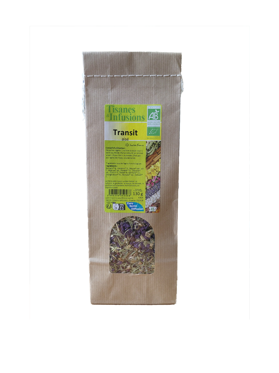 Tisane Transit Aisé mélange de plantes biologiques en vrac 130 g infusion avec chicorée mauve gentiane bardane et hibiscus.