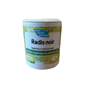 Radis noir 60 gélules complément alimentaire bio contenant poudre micronisée de racine de Raphanus sativus niger en gélules végétales.