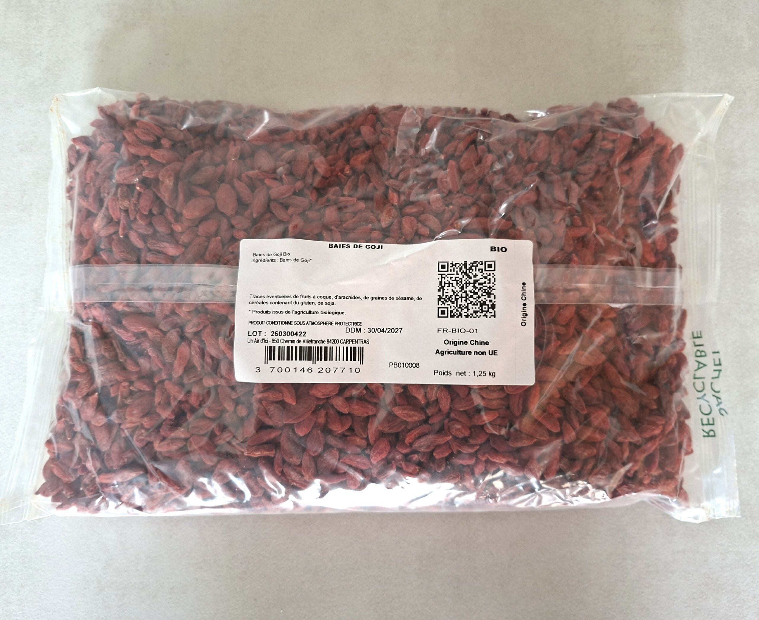 Baies de goji bio 1,25 kg fruits rouges séchés riches en caroténoïdes naturels