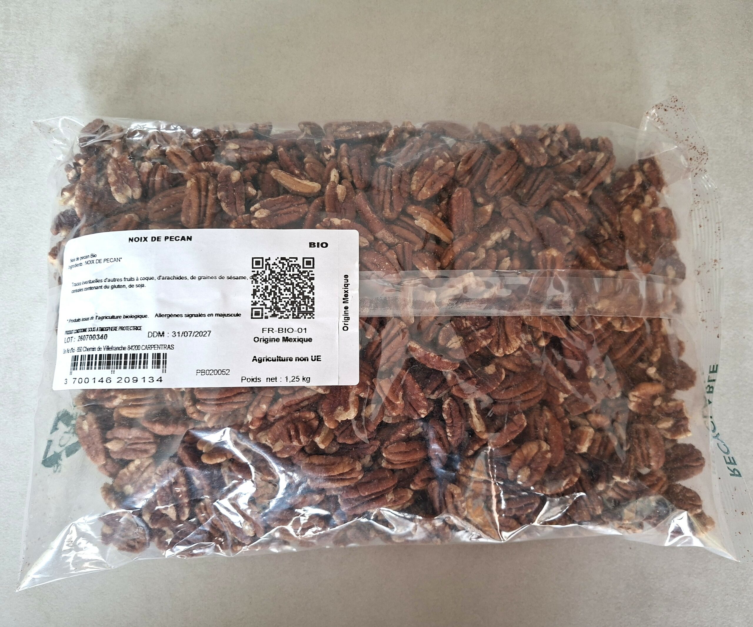 Noix de pécan bio 1,25 kg cerneaux entiers en vrac issus du pacanier