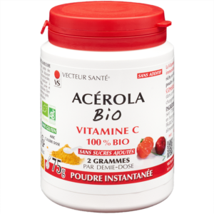Acérola Bio en poudre 75 g riche en vitamine C naturelle.