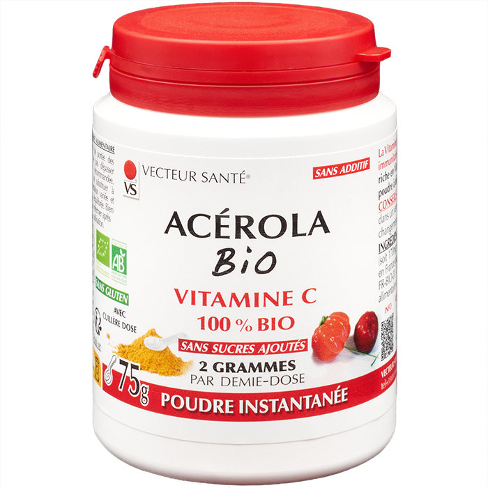 Acérola Bio en poudre 75 g riche en vitamine C naturelle.